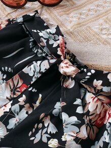 Girls Floral Print Belted Shorts - Black - View 3