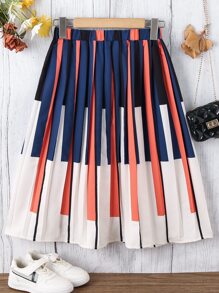 Girls Block Striped Print Pleated Skirt - Multicolor - View 1