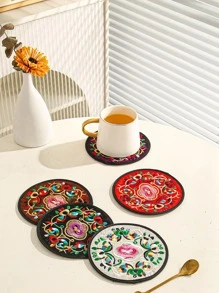 1 buc rotund, modern, țesătură chinezească brodat, covoraș pentru ceașcă de ceai cu design floral etnic de epocă.