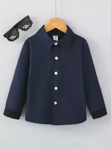 Toddler Boys Button Front Contrast Trim Shirt - Navy Blue - View 1