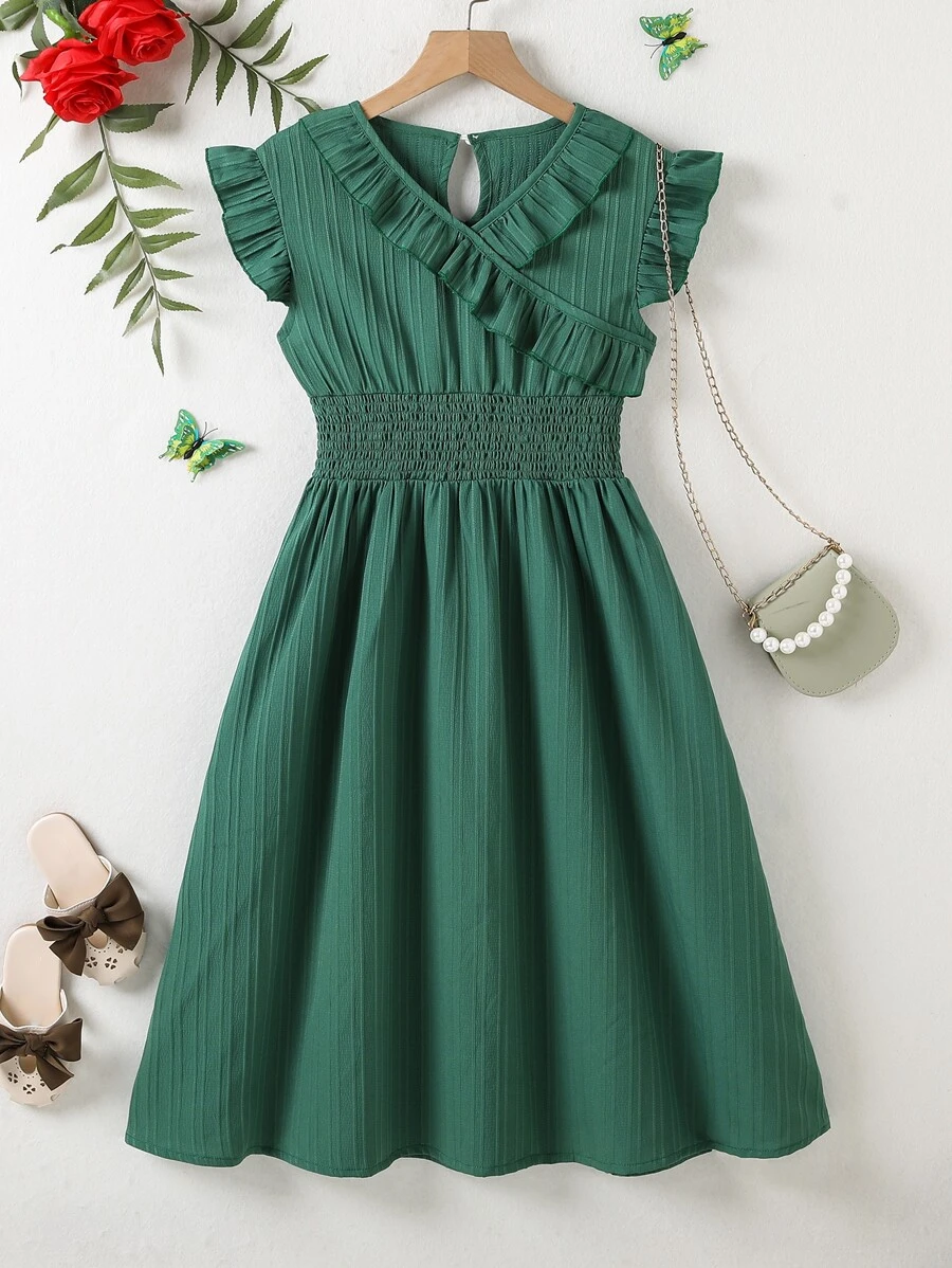 SHEIN Đầm Gái Xù Trọn gói Dải chun màu trơn Dễ thương - Màu xanh lá cây đậm - Xem 1