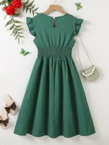 SHEIN Đầm Gái Xù Trọn gói Dải chun màu trơn Dễ thương - Màu xanh lá cây đậm - Xem 2