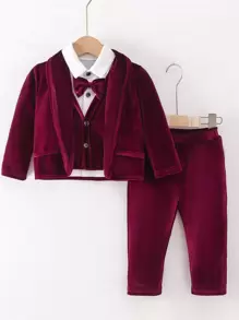Baby Boy Bow Front 2 In 1 Shirt & Blazer & Trousers - Red and White - View 1