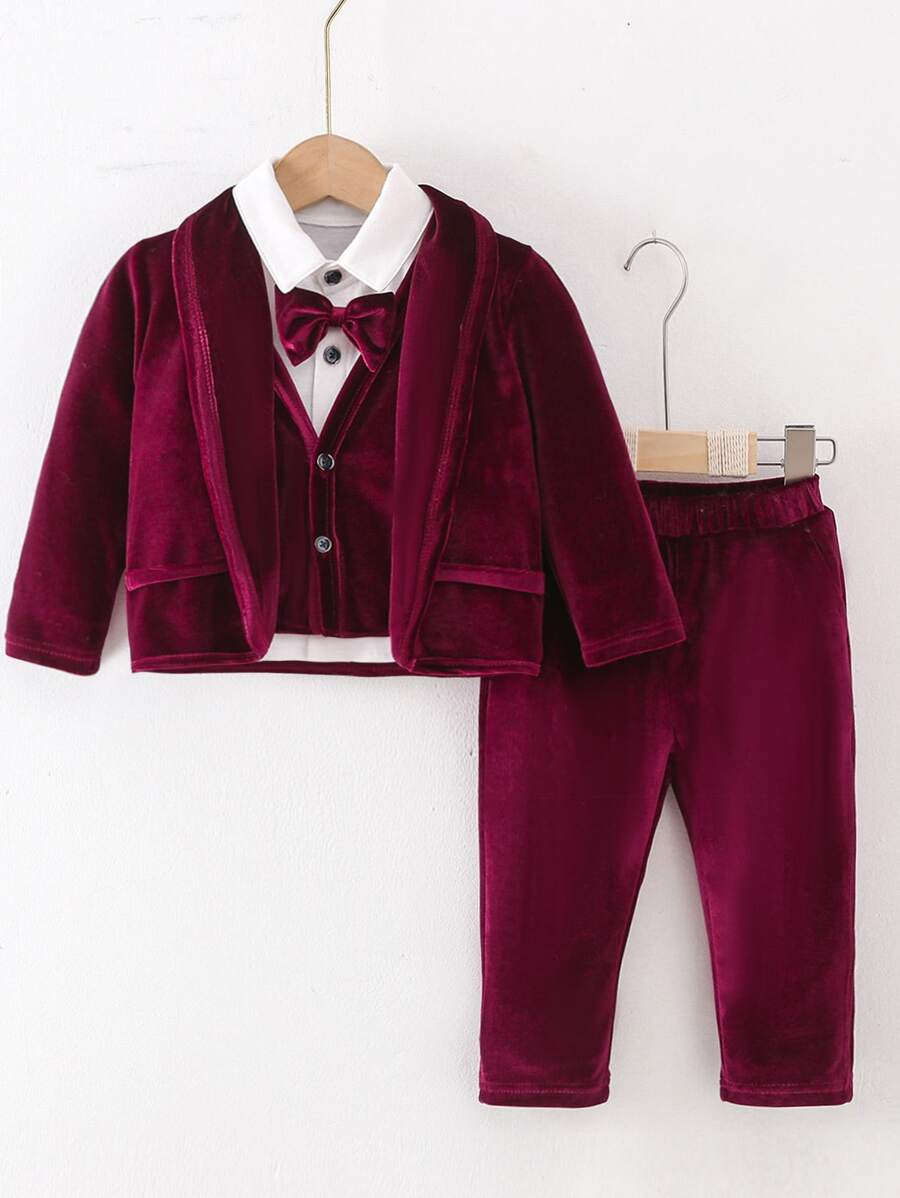 Baby Boy Bow Front 2 In 1 Shirt & Blazer & Trousers - Red and White - View 1