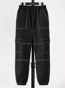 SHEIN Quần Cargo lưng thun co giãn thường ngày cho bé trai tuổi mới lớn có túi nắp - màu đen - Xem 2