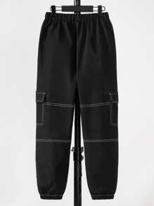 SHEIN Quần Cargo lưng thun co giãn thường ngày cho bé trai tuổi mới lớn có túi nắp - màu đen - Xem 4
