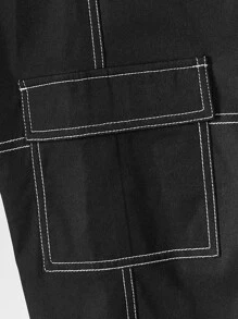 SHEIN Quần Cargo lưng thun co giãn thường ngày cho bé trai tuổi mới lớn có túi nắp - màu đen - Xem 5