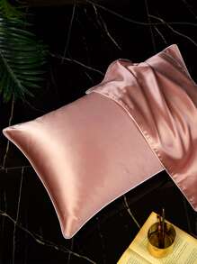 1pair Plain Satin Pillowcase Without Filler - Pink - View 1