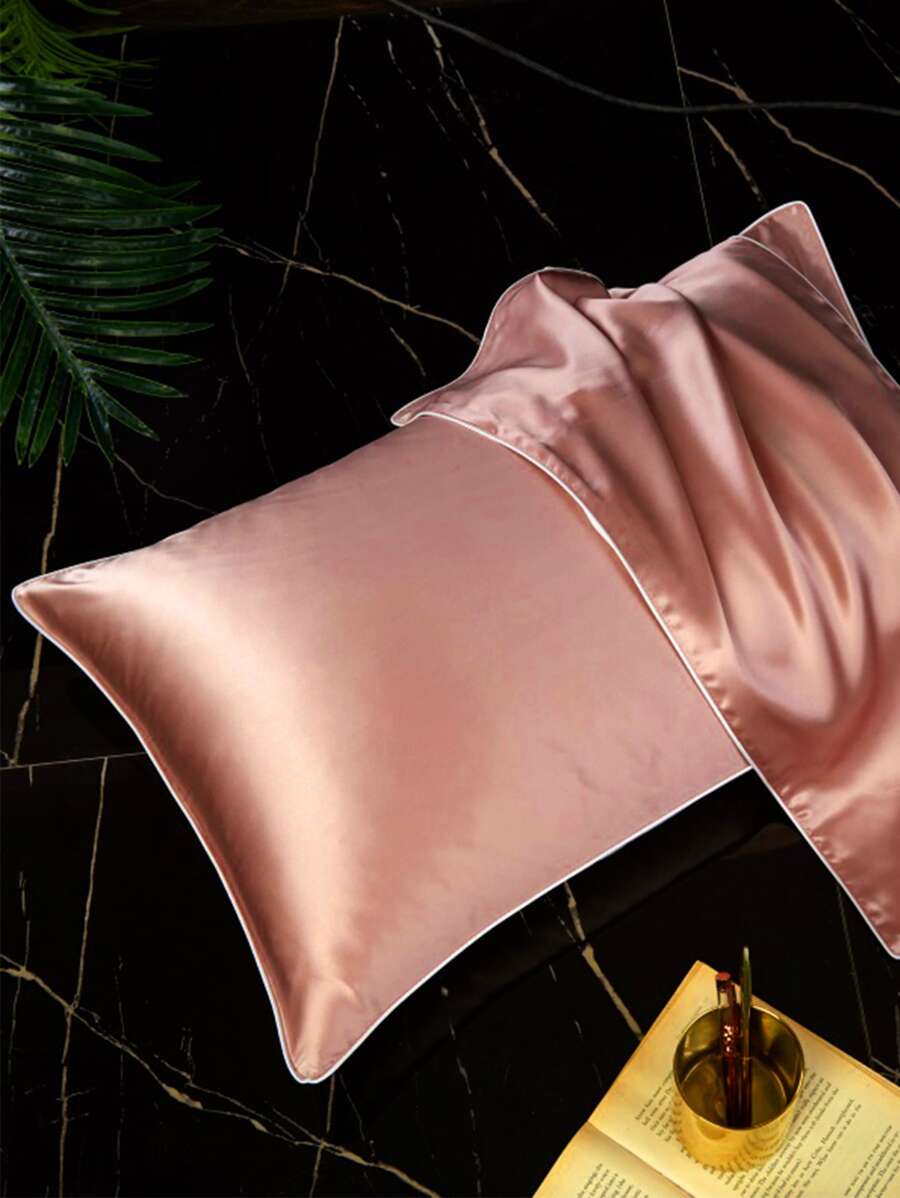 1pair Plain Satin Pillowcase Without Filler - Pink - View 1
