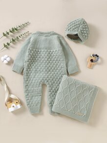 嬰兒女孩raglan袖針織連身褲＆附屬帽子＆毯子 - 薄荷綠 - 查看 2