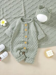 嬰兒女孩raglan袖針織連身褲＆附屬帽子＆毯子 - 薄荷綠 - 查看 3