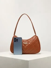 纯色休闲斜纹方形单肩包，时尚斜挎包，适合日常使用 - 棕色 - 查看 2