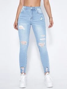 SHEIN Essnce High Waist Ripped Moustache Effect Skinny Jeans - Light Wash - View 3