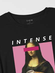 SHEIN EZwear Mona Lisa And Letter Graphic Tee - Black - View 3