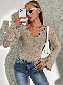 SHEIN EZwear Áo thun nữ Xù nhỏ màu trơn Giải trí - Màu Khaki - Xem 5