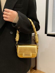 CONTAINEVERY New Candy Color Lacquered Women Small Square Bag, Handwoven Braid Handle Fashion Shoulder Bag, For Young Girls, Suitable For Shopping, Dating, Formal Events, Daily Outfit, Commute, Multifunctional Crossbody Bag - Gold - View 4