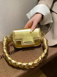 CONTAINEVERY New Candy Color Lacquered Women Small Square Bag, Handwoven Braid Handle Fashion Shoulder Bag, For Young Girls, Suitable For Shopping, Dating, Formal Events, Daily Outfit, Commute, Multifunctional Crossbody Bag - Gold - View 5