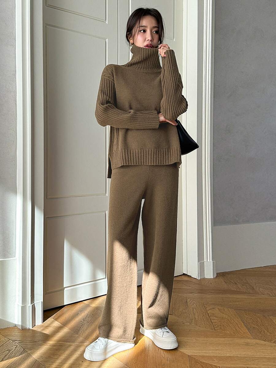 DAZY High Neck Slit Hem Jumper & Knit Trousers - Khaki - View 1