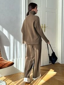 DAZY High Neck Slit Hem Jumper & Knit Trousers - Khaki - View 2