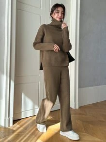 DAZY High Neck Slit Hem Jumper & Knit Trousers - Khaki - View 3