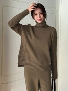 DAZY High Neck Slit Hem Jumper & Knit Trousers - Khaki - View 4