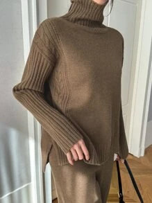 DAZY High Neck Slit Hem Jumper & Knit Trousers - Khaki - View 5