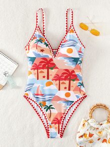 椰子樹圖案包縫細節撞色滾邊連體泳衣 - 彩色 - 查看 3