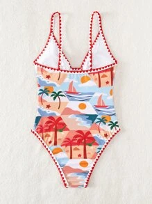 椰子樹圖案包縫細節撞色滾邊連體泳衣 - 彩色 - 查看 4