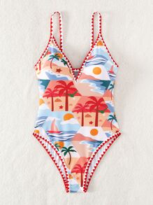 椰子樹圖案包縫細節撞色滾邊連體泳衣 - 彩色 - 查看 7