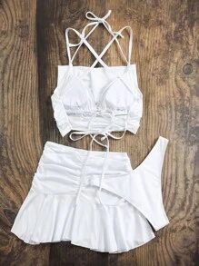 3 paquetes Tankini con escote de halter fruncido sólido y falda de playa de verano - Blanco - Ver 2