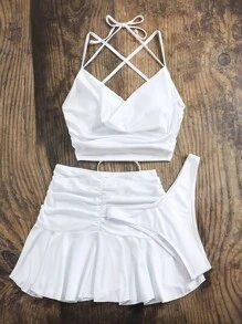 3 paquetes Tankini con escote de halter fruncido sólido y falda de playa de verano - Blanco - Ver 4