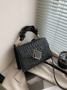 Crocodile Embossed Ruched Top Handle Flap Square Bag - Black - View 2