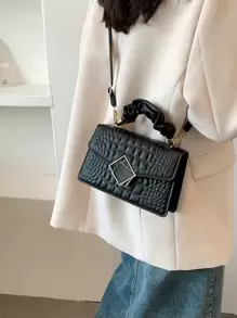 Crocodile Embossed Ruched Top Handle Flap Square Bag - Black - View 6