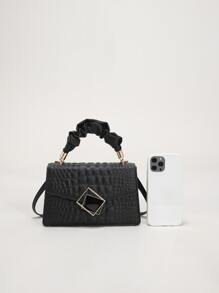 Crocodile Embossed Ruched Top Handle Flap Square Bag - Black - View 3