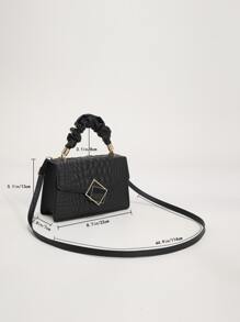 Crocodile Embossed Ruched Top Handle Flap Square Bag - Black - View 5