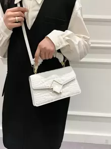 輕便商務休閒鱷魚紋壓花褶皺頂部提把翻蓋方形包適合青少年女大學生、菜鳥和白領，非常適合辦公室、大學、工作、商務、通勤、戶外、旅行、郊遊 - 白色 - 查看 2