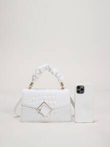 輕便商務休閒鱷魚紋壓花褶皺頂部提把翻蓋方形包適合青少年女大學生、菜鳥和白領，非常適合辦公室、大學、工作、商務、通勤、戶外、旅行、郊遊 - 白色 - 查看 4