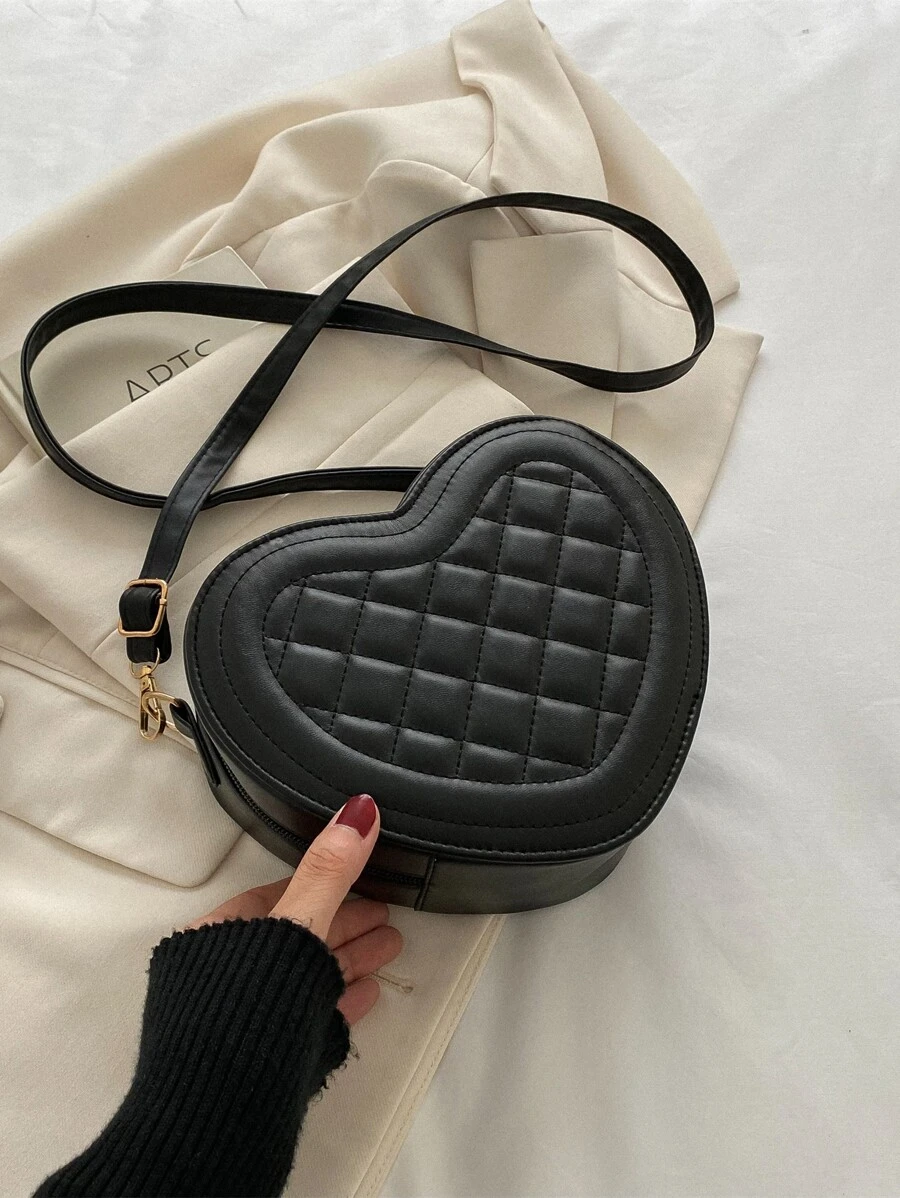 Mini Quilted Heart Design Novelty Bag - Black - View 1