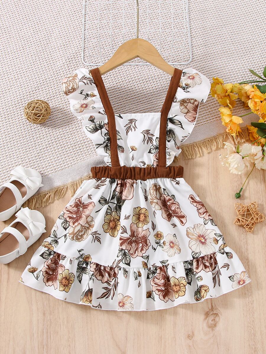 Toddler Girls Floral Print Ruffle Trim Pinafore Dress - White - View 1