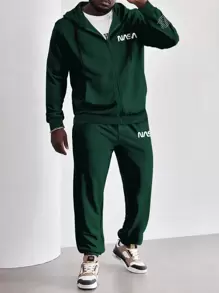 Manfinity Homme 男士字母圖案拉鏈開襟抽繩連帽衫和運動褲 - 墨綠色 - 查看 1