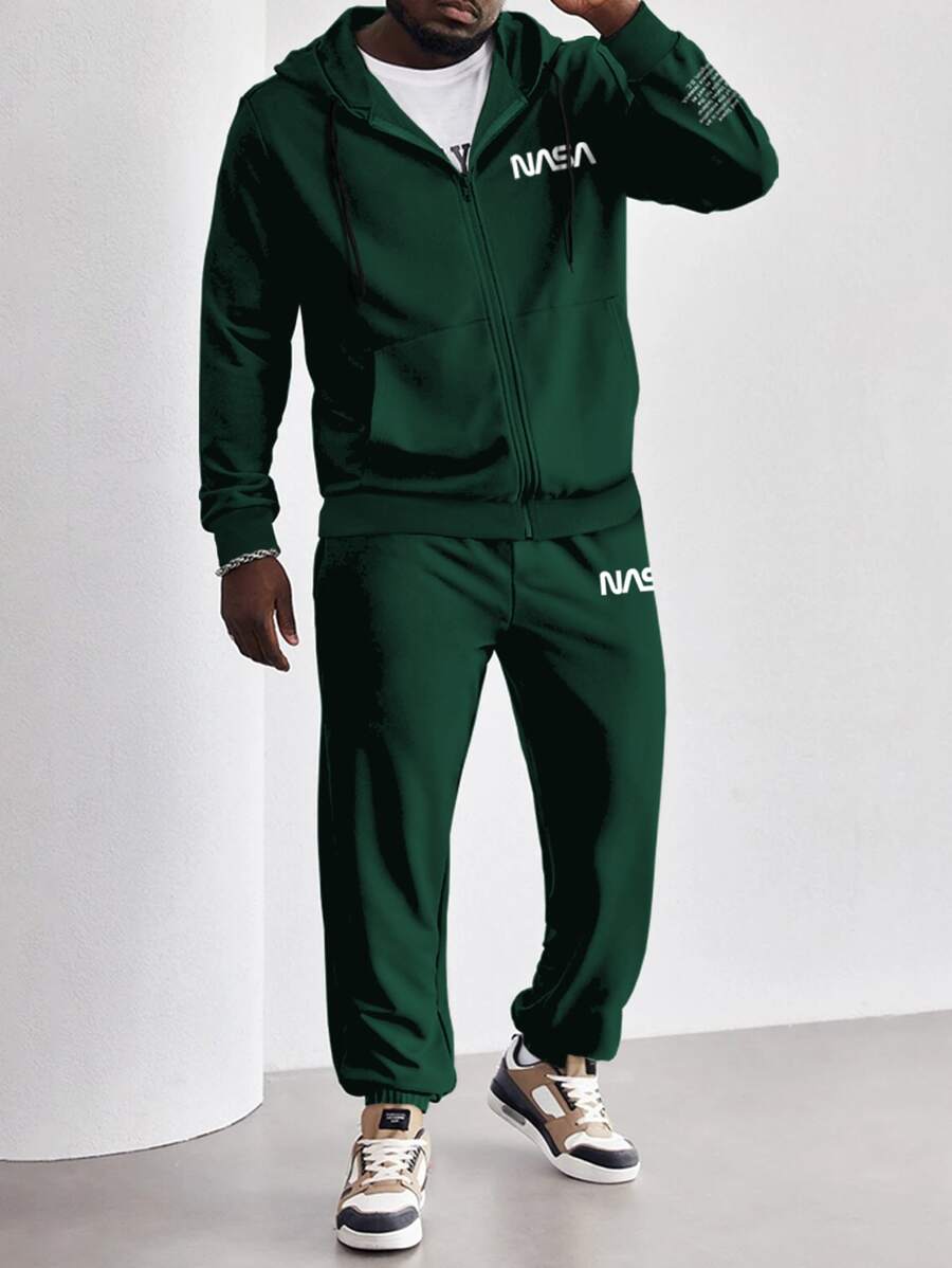 Manfinity Homme 男士字母圖案拉鏈開襟抽繩連帽衫和運動褲 - 墨綠色 - 查看 1