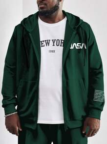 Manfinity Homme 男士字母圖案拉鏈開襟抽繩連帽衫和運動褲 - 墨綠色 - 查看 3