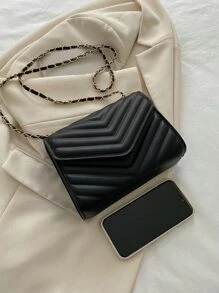 迷你鋸齒紋細節翻蓋鏈條方包 - 黑色 - 查看 4