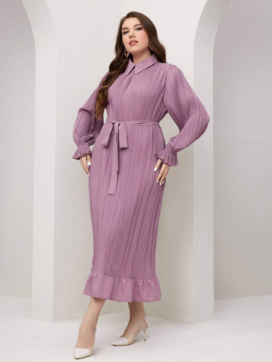 Modelyn Đầm Plus Size Thắt lưng Xù Nút phía trước màu trơn Thanh lịch - Màu tím hoa cà - Xem 1