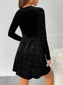 SHEIN PETITE Rhinestone Surplice Neck Belted Dress - Black - View 2