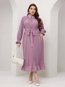 Modelyn Đầm Plus Size Thắt lưng Xù Nút phía trước màu trơn Thanh lịch - Màu tím hoa cà - Xem 4