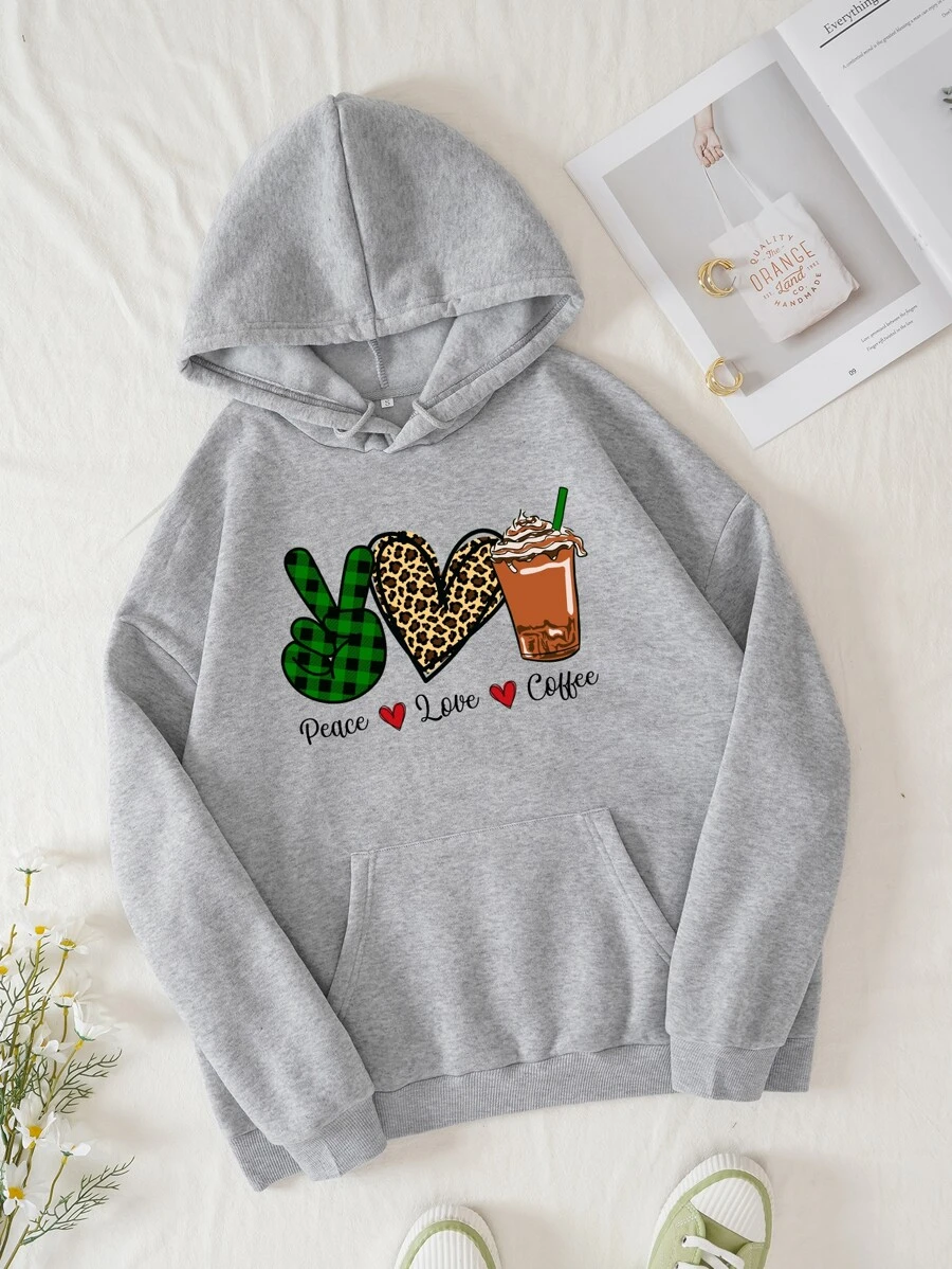 SHEIN EZwear Heart & Letter Graphic Kangaroo Pocket Drawstring Thermal Hoodie - Light Grey - View 1