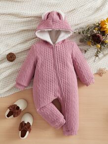 SHEIN Baby 3D Ears Design Hooded Jumpsuit - Dusty Pink - View 1