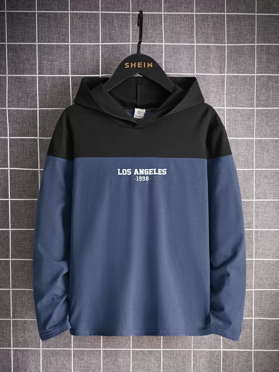 SHEIN Leap Crew Cậu bé Tween Mẫu chữ Khối màu áo có mũ Áo thun , Thoải mái & Giải trí Đối với Mặc hàng ngày In Mùa thu Và Mùa Đông - Màu xanh hải quân - Xem 1