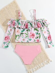 Young Girl Floral Print Ruffle Trim Cold Shoulder Bikini Set Summer Beach - Baby Pink - View 2